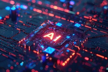 Obraz premium AI circuit board with glowing red and blue lights