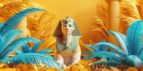 Vibrant Sphinx in Tropical Oasis with Ancient Columns, Blue and Orange