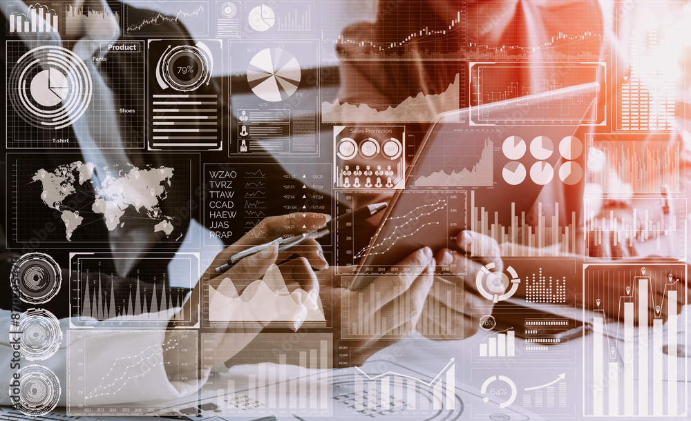 Poster big data technology for business finance analytic concept. modern interface shows massive informatio