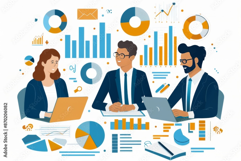 Aufkleber business meeting with charts and laptops creating a professional and dynamic workspace
