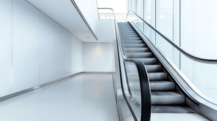 Fototapeta premium Modern, minimalist interior with an empty escalator in a bright, white space, featuring clean lines and natural light.
