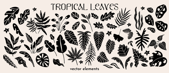 Cartoon tropical plants vector illustration set for design. Different types of exotic leaves funky groovy decorative elements kit. Collection of botanical shapes forms sticker bundle