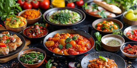 Obraz premium A Vibrant Spread of Freshly Prepared Italian Dishes with Vegetables and Herbs