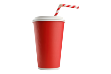 Red paper cup with drinking straw isolated on transparent background