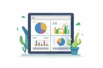 Financial dashboard on a computer with plants creating a productive and eco friendly workspace
