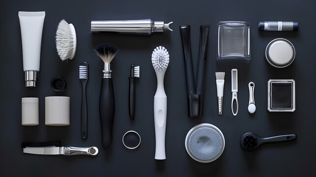 Men beauty and health concept. Various shaving and bauty care accessories placed on black background ai generative
