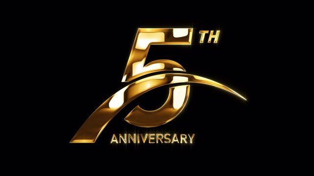 5th Golden Anniversary Celebration with Swoosh. Happy 5 Years Anniversary Animation in Gold Color on the Transparent Background, Alpha Channel. Great for greetings, celebrations, events, and gifts.