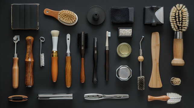 Men beauty and health concept. Various shaving and bauty care accessories placed on black background ai generative