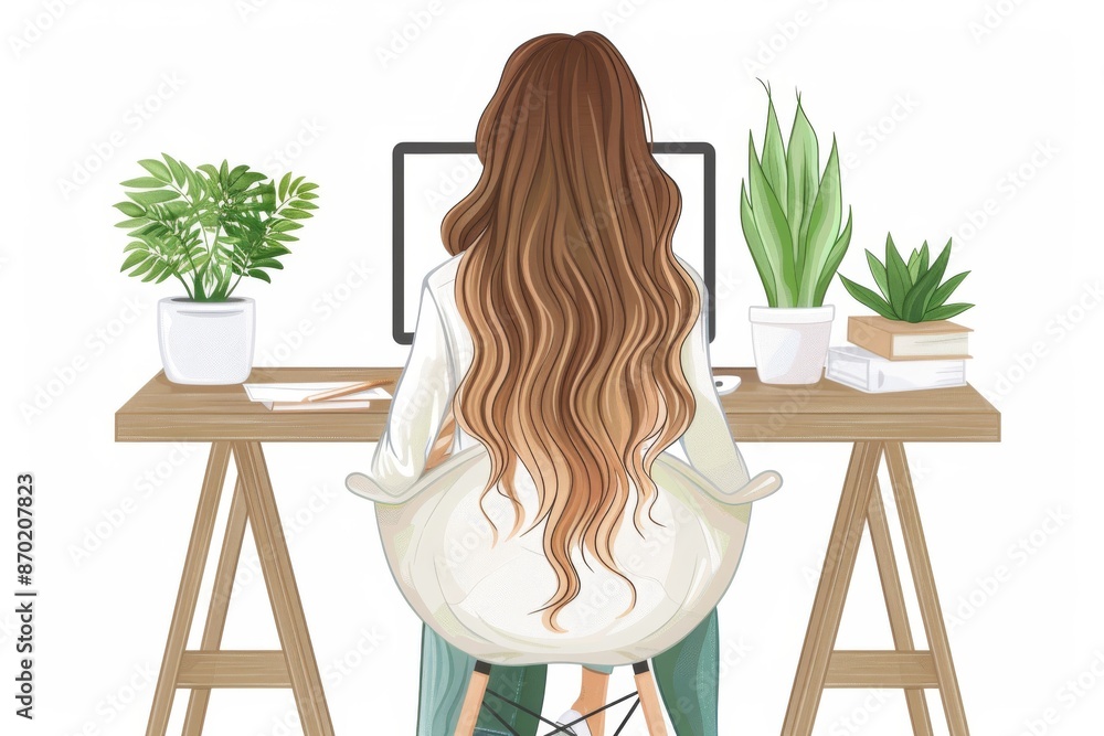 Aufkleber woman working on a computer surrounded by plants creating a serene and productive workspace