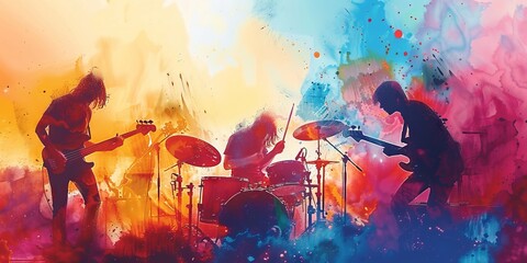 Vibrant Silhouette Rock Band Performance With Abstract Colors