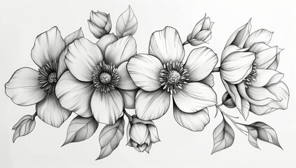 Detailed Pencil Drawing of Blooming Flowers and Leaves