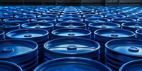 Vibrant Blue Barrels in Warehouse Under Neon Light