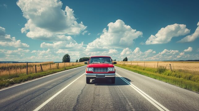 Peaceful summer road trip with red SUV on a rural highway, offering ample copy space for text, ideal for travel adventure promotions.