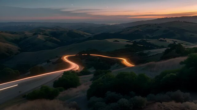 As dusk settles over the horizon car light trails converge and guide hikers towards a hidden trailhead nestled a rolling hills.