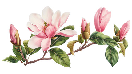 Fototapeta premium Two pink flowers with purple tips are painted on a white background