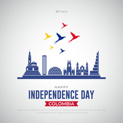 Obraz premium July 20 - Happy Independence Day Colombia Post and Greeting Card. Colombia Independence Day Flyer Template with Text and Colombia Skyline Vector Illustration