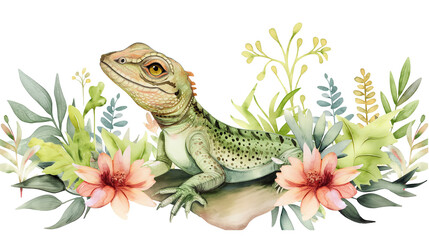 Watercolor Green Lizard in front of Flowers and Plants  isolated on a transparent background