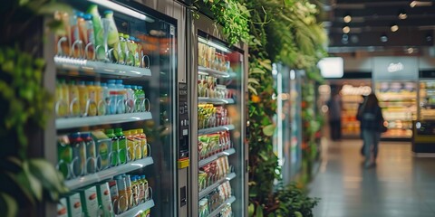 Fototapeta premium Modern Supermarket Aisle: Fresh Products and Greenery in Calm Atmosphere