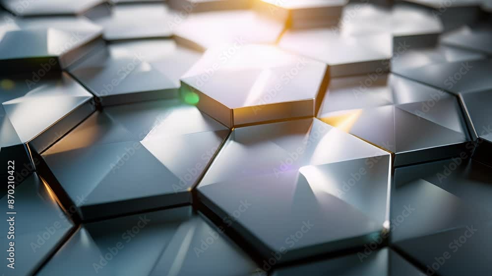 Poster a sleek and modern composition of metallic octagonal shapes reflecting light in a mesmerizing way.