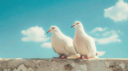 Fototapeta premium Two White Pigeons Soaring in Clear Blue Sky, Symbolic and Serene Scene
