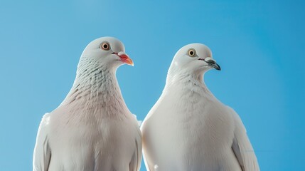 Fototapeta premium Two White Pigeons Soaring in Clear Blue Sky, Symbolic and Serene Scene