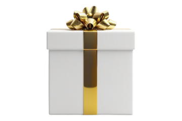 White gift box with golden ribbon isolated on transparent background