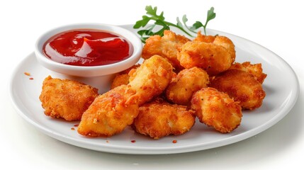 Fototapeta premium Front View Of Chicken Nuggets With Chili Sauce On A White Plate, Isolated On White Background