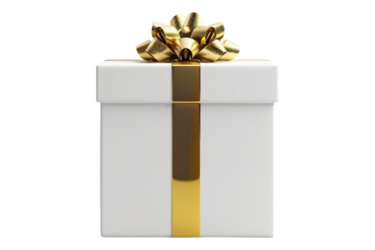 White gift box with golden ribbon isolated on transparent background