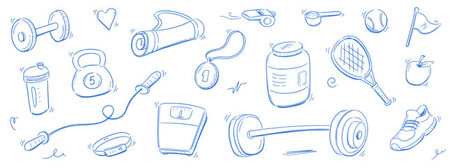 Sport gym sketch health icon set. Hand drawn sketch doodle healthy sport, gym fit exercise equipment icon.Doodle hand drawn tennis ball, bottle, dumbbell fit equipment. Vector illustration.