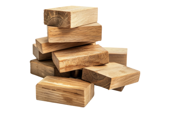 Wooden building blocks isolated on transparent background
