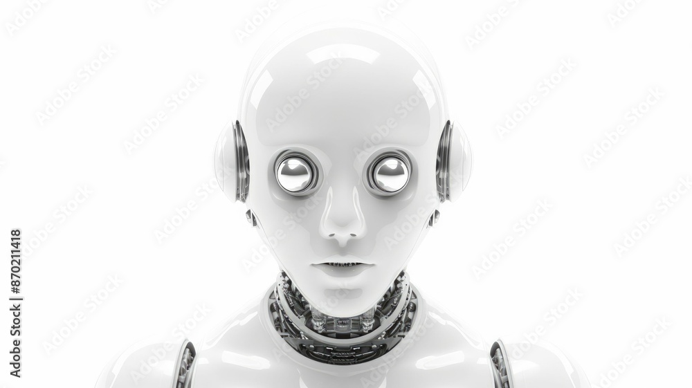 Poster smart android head close up with humanoid features. futuristic robot face concept with white sleek d
