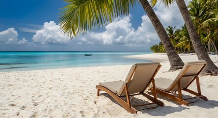 lounge chairs on the beach with blue sky with clouds,