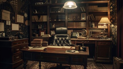 A classic mystery escape room with detective props, crime scene elements, and a whodunit atmosphere.