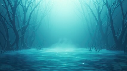 Naklejka premium Mysterious Swamp Forest with Foggy Light in an Ethereal Blue Setting