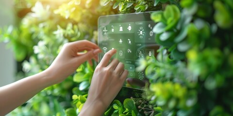 Woman Interacting with Smart Home Touchscreen Amidst Indoor Greenery
