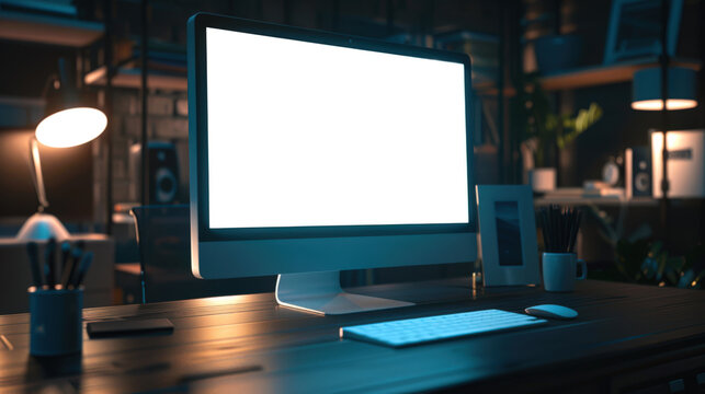 Home office. A modern computer is installed on a table in a dimly lit room. A mockup of a computer monitor with a keyboard, mouse and other objects