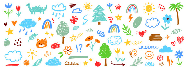 Cute kid flower, cloud, summer illustration. Hand drawn doodle sketch children cute vector school chalk background. Kids doodle crayon style line flower, cloud doodle pattern. Vector illustration