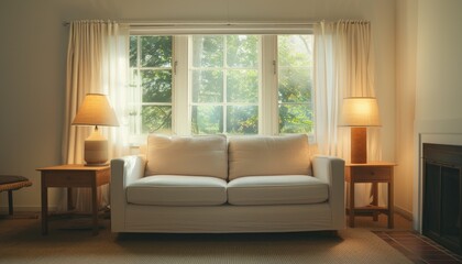 Fototapeta premium Cozy Living Room with a White Sofa, Side Tables, and Lamps by a Sunny Window