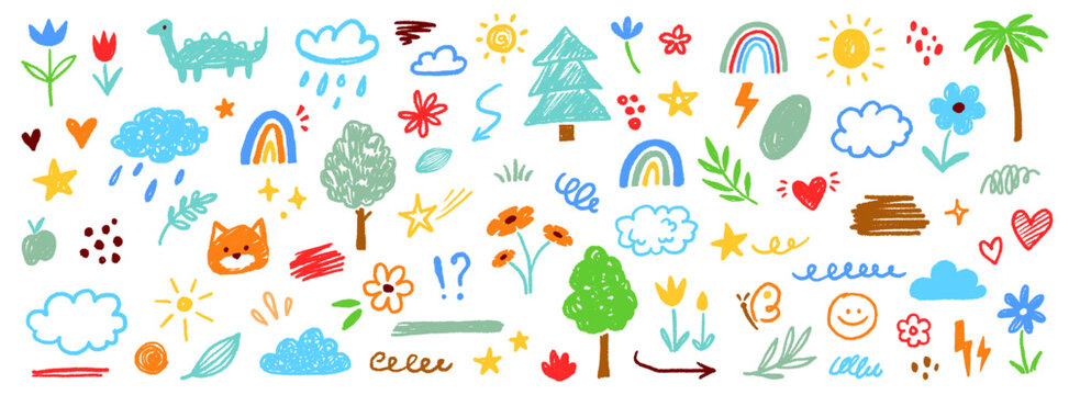 Cute kid flower, cloud, summer illustration. Hand drawn doodle sketch children cute vector school chalk background. Kids doodle crayon style line flower, cloud doodle pattern. Vector illustration