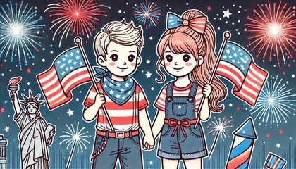 Lining of Happy boy and girl children celebrating Independence Day with American flags, fireworks, and Statue of Liberty, cartoon style,  for background, wallpaper, media, or wall art decor