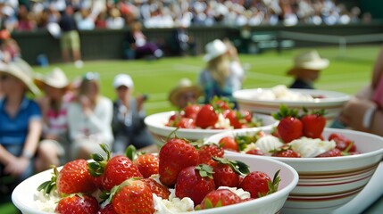 Spectators Indulging in Strawberries and Cream at Iconic Wimbledon Tennis Event