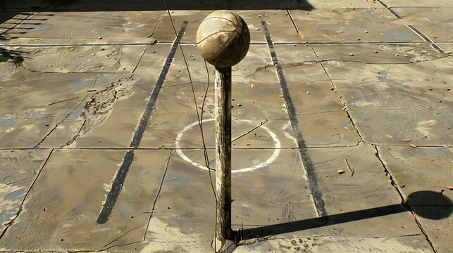 A tetherball pole with a ball wrapped around it and markings on the ground