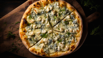 Delicious aromatic pizza with gooey cheese, salami, pepperoni, and basil, next to the ingredients on a dark table surface.