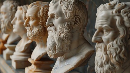 A collection of marble busts depicting Greek philosophers, each with a contemplative expression and finely sculpted features.