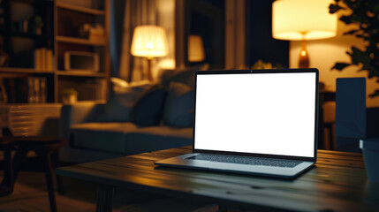 Night mockup of a white laptop screen in the living room. In a dimly lit room, there is an open laptop on the table. The room is full of various objects