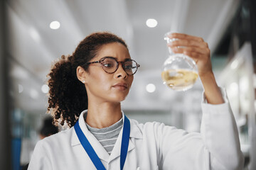 Face, science and solution with woman in laboratory for medical or pharmaceutical research....