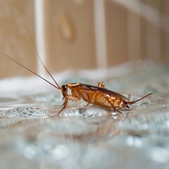 Cockroach on a bathroom tile, crawling near water, isolated white background, sanitation and pest issues, copy space