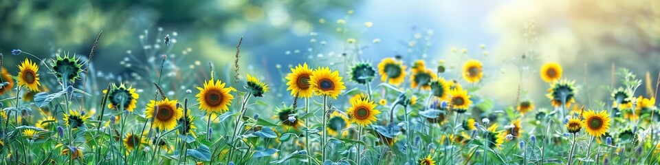 Obraz premium Idyllic flowering meadow with yellow sunflowers, featuring wide copy space for text, perfect for summer botanical ads.