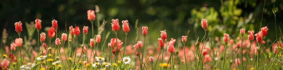 Fototapeta premium Elegant flowering meadow with coral blossoms, providing large copy space for text, suitable for summer garden themes.