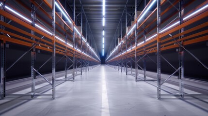 Advanced warehouse design, neon-lit aisles lined with orange pallet racks, sophisticated conveyor systems, ensuring efficient logistics, well-lit